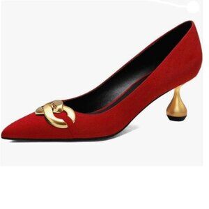 XYD Red-suede Low Heel Pointed Toe Pumps with Metal Chain Solid Golden Heel Shoe